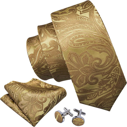 Paisley Tie Fashion Set Hanky Cufflinks Neckties for Men Woven Silk