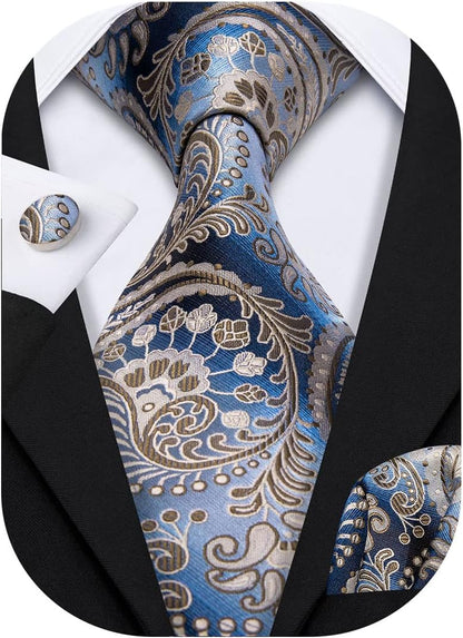 Paisley Tie Fashion Set Hanky Cufflinks Neckties for Men Woven Silk