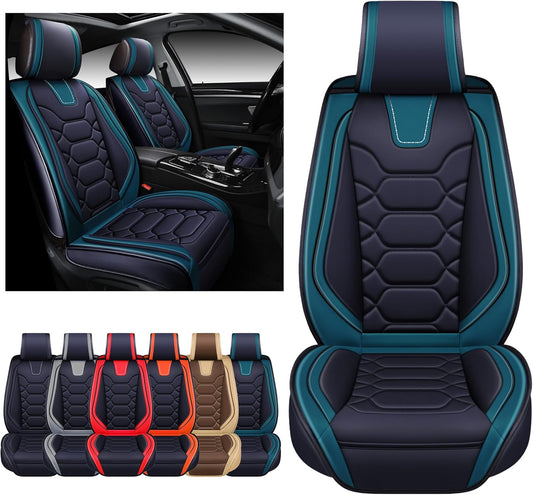 Car Seat Covers Premium Waterproof Faux Leather Cushion Universal Accessories Fit SUV Truck Sedan Automotive Vehicle Auto Interior Protector Front Pair (OS-004 Teal Blue)