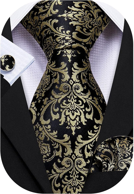 Paisley Tie Fashion Set Hanky Cufflinks Neckties for Men Woven Silk