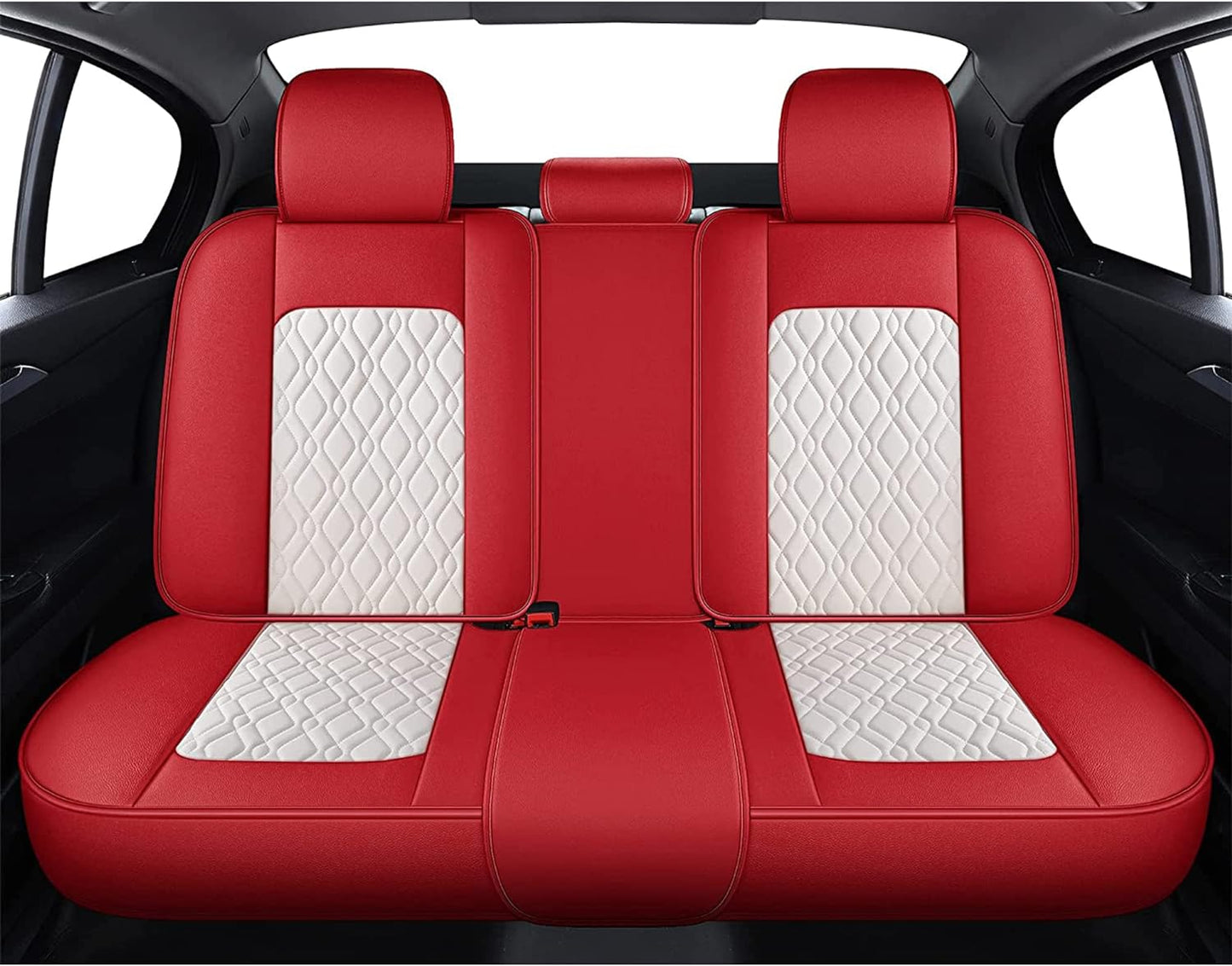 Seat Cover 5 Seats Full Set Universal Fit for Most Vehicle Sedan SUV Truck Pickup Airbag Compatible Synthetic Leather Car Seat Cushion Protector All Weather Adjustable (Red&White Diamond)