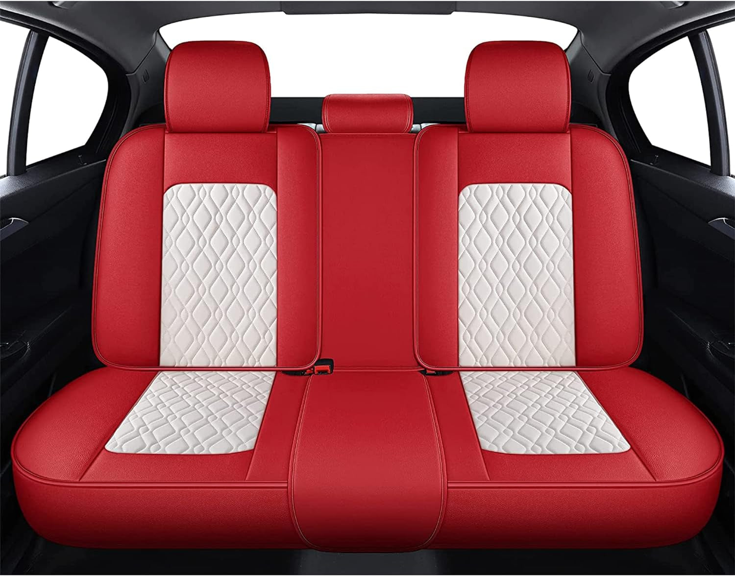 Seat Cover 5 Seats Full Set Universal Fit for Most Vehicle Sedan SUV Truck Pickup Airbag Compatible Synthetic Leather Car Seat Cushion Protector All Weather Adjustable (Red&White Diamond)