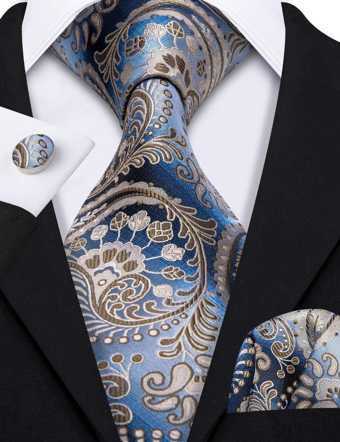 Paisley Tie Fashion Set Hanky Cufflinks Neckties for Men Woven Silk