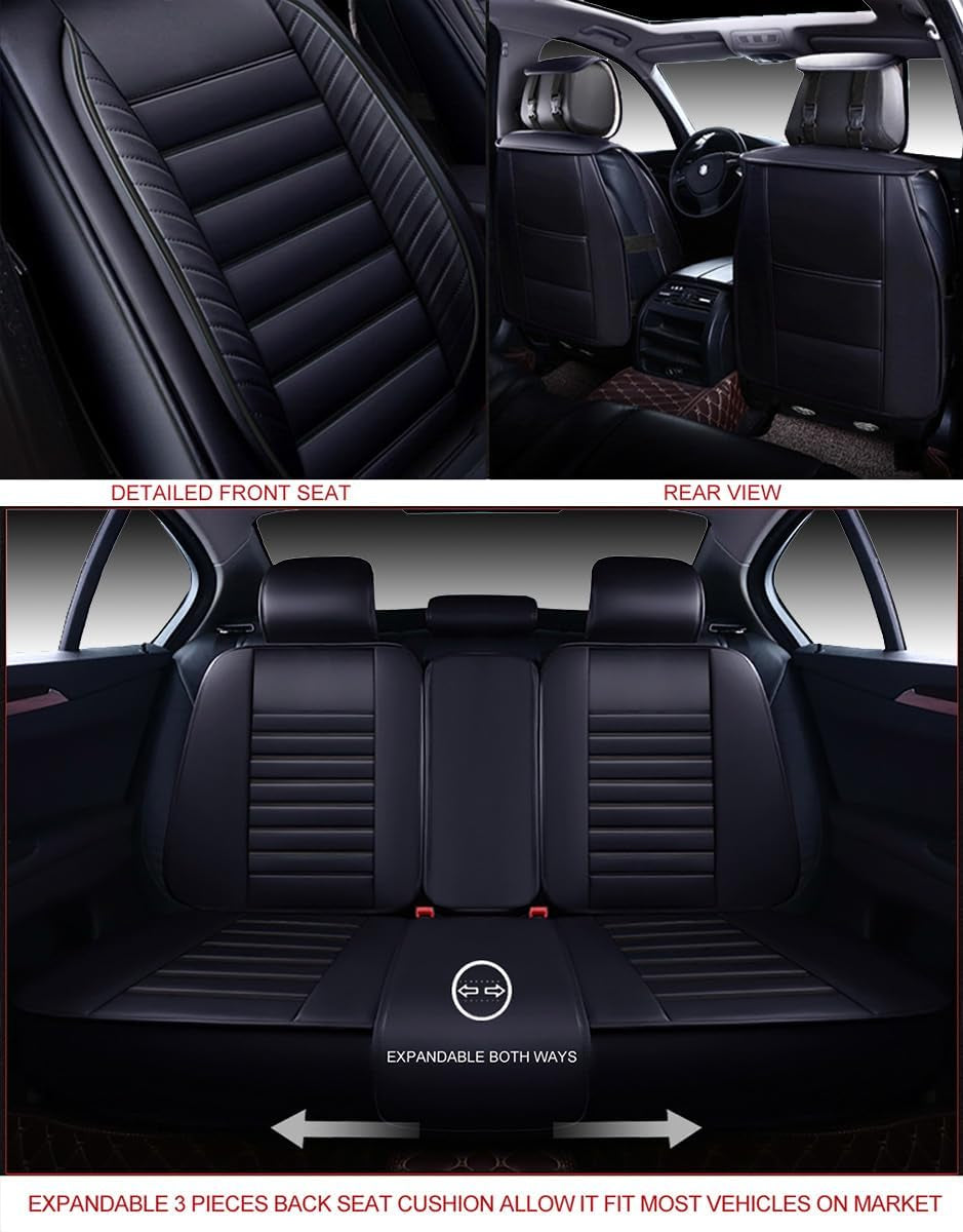 Car Seat Covers Premium Waterproof Faux Leather Cushion Universal Accessories Fit SUV Truck Sedan Automotive Vehicle Auto Interior Protector Full Set (OS-001 Black)