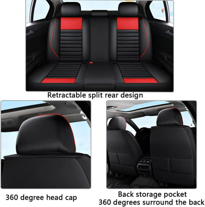 Cartoon Bears Seat Cover 5-Seat Full Leather Waterproof Car Seat Cover for Cars SUV Pick-Up Truck Universal Fit Set(Black-Red)