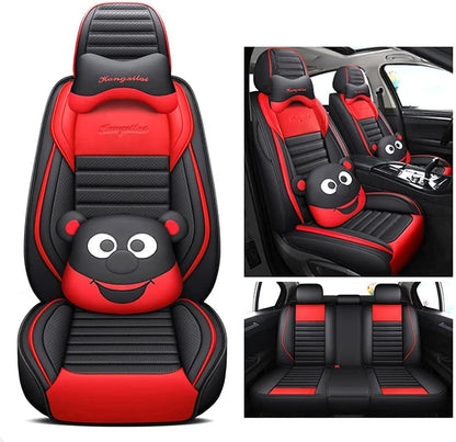 Cartoon Bears Seat Cover 5-Seat Full Leather Waterproof Car Seat Cover for Cars SUV Pick-Up Truck Universal Fit Set(Black-Red)