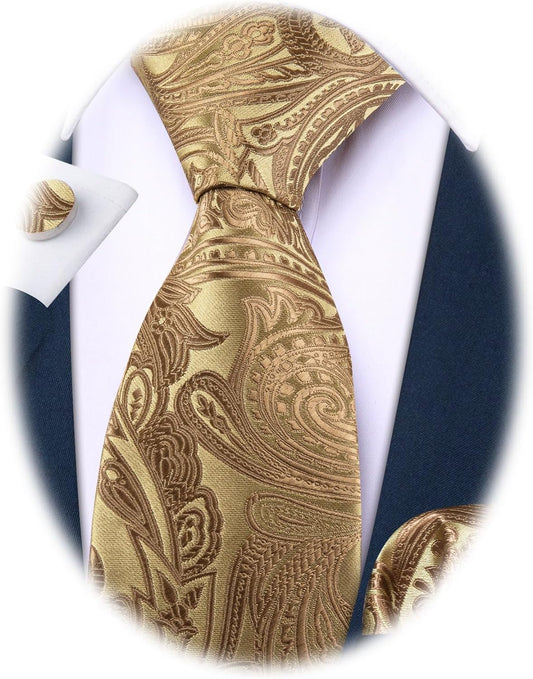 Paisley Tie Fashion Set Hanky Cufflinks Neckties for Men Woven Silk