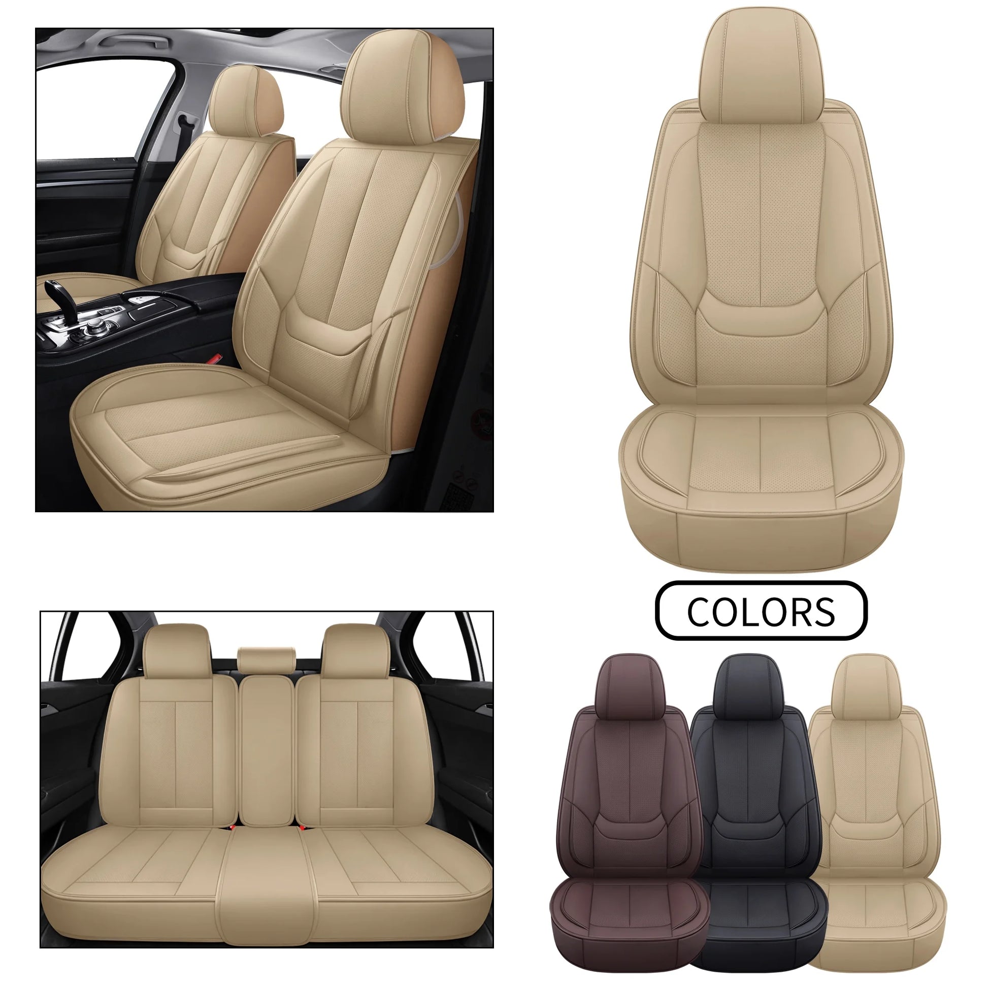 Nephele Waterproof Faux Leather Auto Seat Cover (Protector) Full Set, Universal Car Accessories Fit for Most Sedans SUV Pick-Up Truck (Beige)