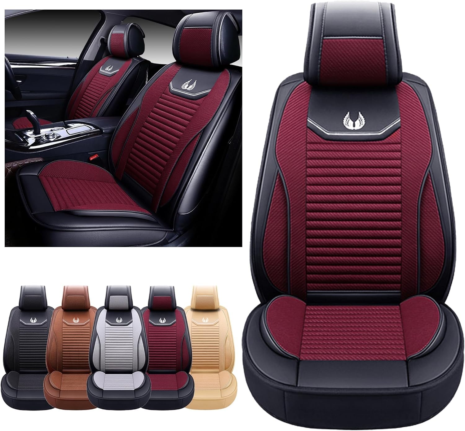 Car Seat Covers Premium Waterproof Faux Leather Cushion Universal Accessories Fit SUV Truck Sedan Automotive Vehicle Auto Interior Protector Front Pair (OS-008 Burgundy)