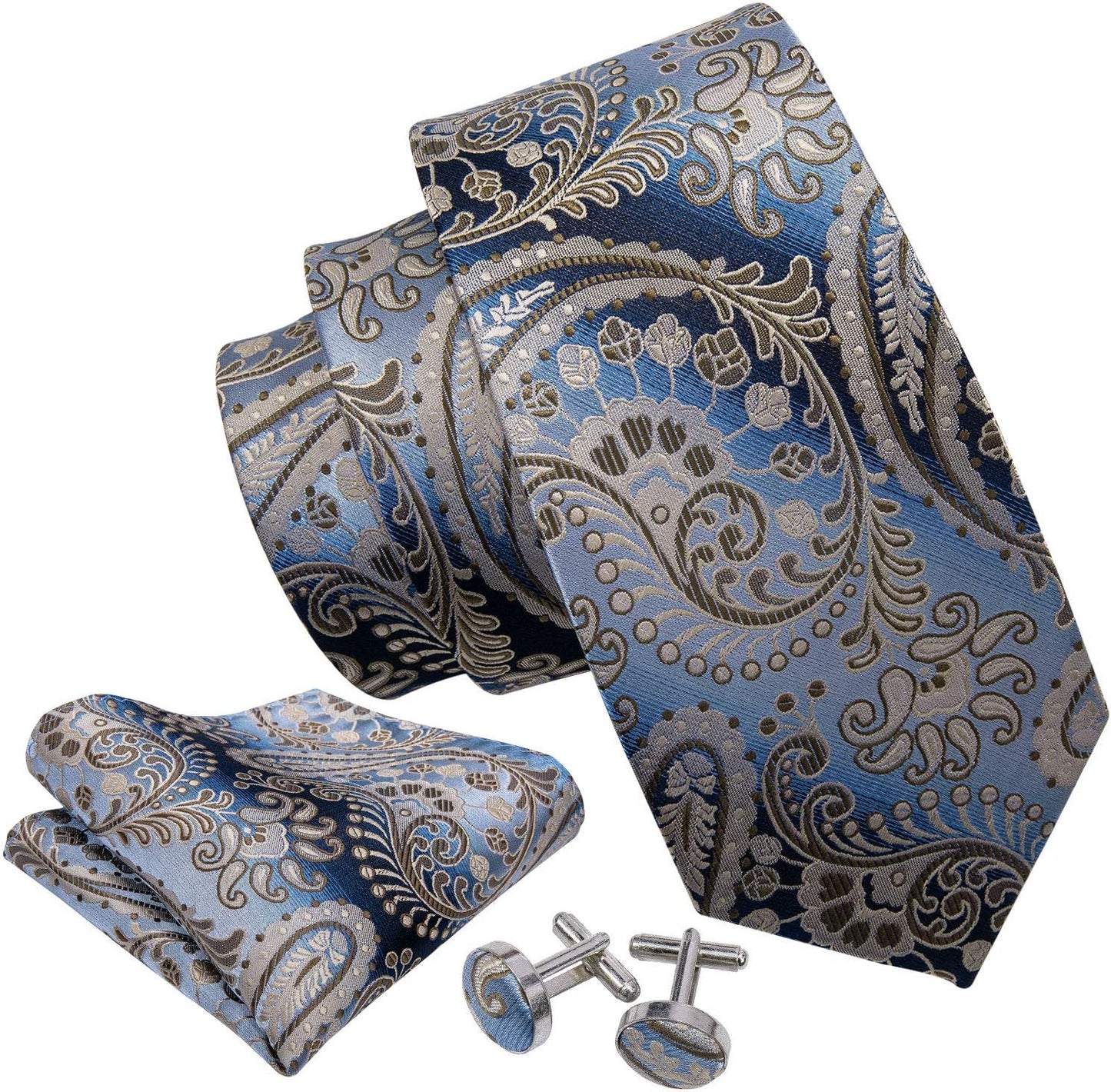 Paisley Tie Fashion Set Hanky Cufflinks Neckties for Men Woven Silk