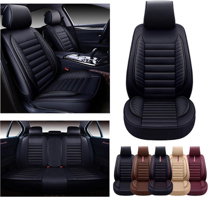 Car Seat Covers Premium Waterproof Faux Leather Cushion Universal Accessories Fit SUV Truck Sedan Automotive Vehicle Auto Interior Protector Full Set (OS-001 Black)