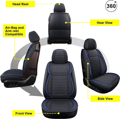 Leather Car Seat Covers,Breathable and Waterproof Faux Leather Automotive Seat Covers for Cars SUV Pick-Up Truck Sedan,Universal Driver Seat Cover with Backrest (2 PCS Front Seat, Blue+Black)