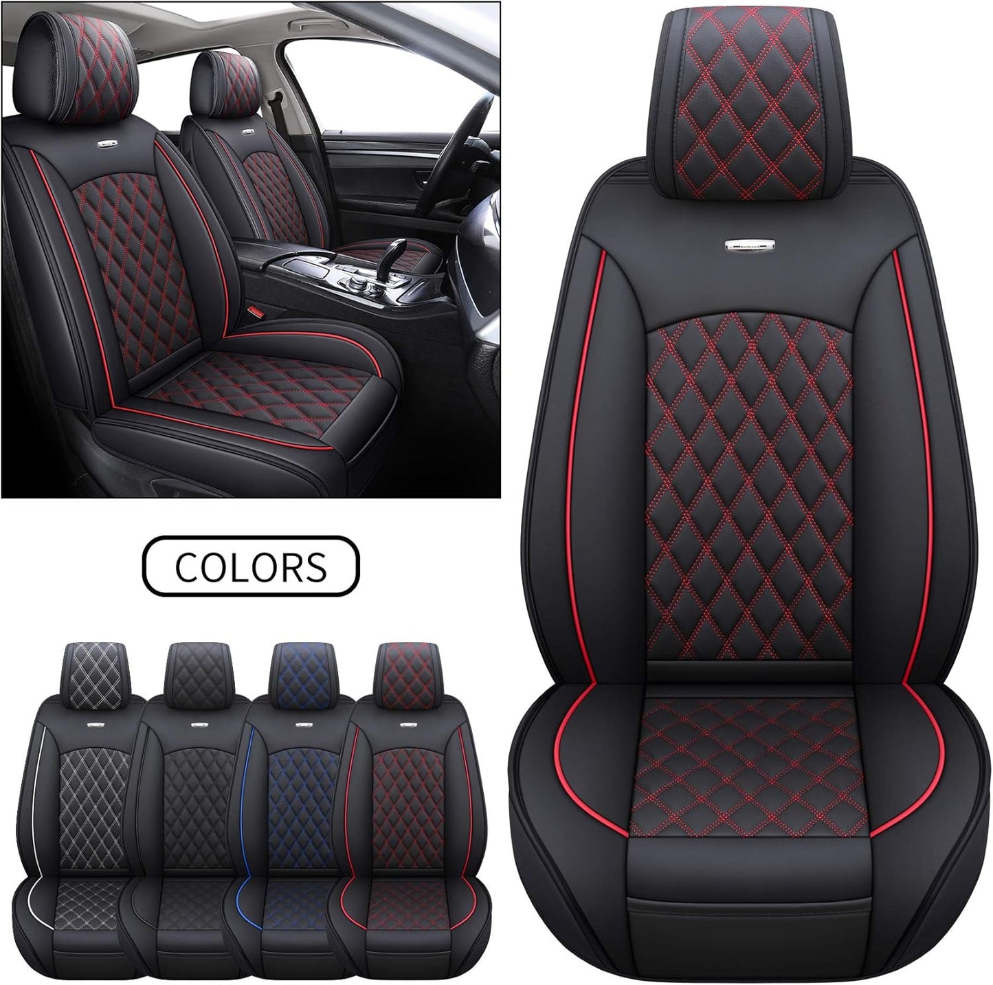 Car Front Seat Covers Universal Fit Compatible with Ford Sport Escape Edge Highlander Sorento Maxima Fiesta Rogue Truck with Waterproof Faux Leather,2 PCS Front, Black-Red