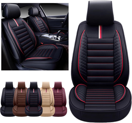 Car Seat Covers Premium Waterproof Faux Leather Cushion Universal Accessories Fit SUV Truck Sedan Automotive Vehicle Auto Interior Protector Front Pair (OS-001 Black&Red)