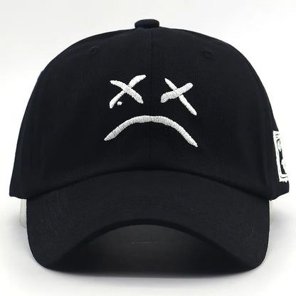 Sad Face Embroidered Baseball Cap: Adjustable Cotton Snapback Hat