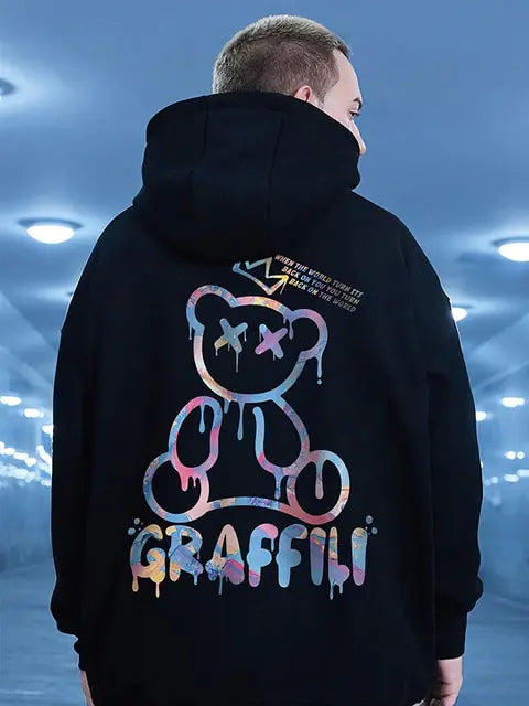 High Street Graffiti Bear Print Men's Fleece Hoodie