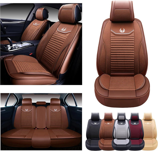 Car Seat Covers Premium Waterproof Faux Leather Cushion Universal Accessories Fit SUV Truck Sedan Automotive Vehicle Auto Interior Protector Full Set (OS-008 Brown)