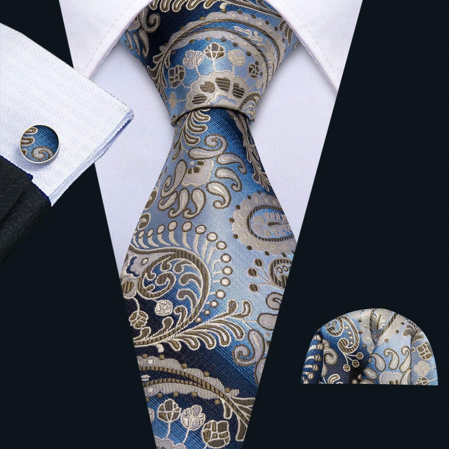 Paisley Tie Fashion Set Hanky Cufflinks Neckties for Men Woven Silk