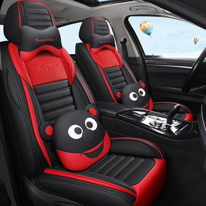 Cartoon Bears Seat Cover 5-Seat Full Leather Waterproof Car Seat Cover for Cars SUV Pick-Up Truck Universal Fit Set(Black-Red)