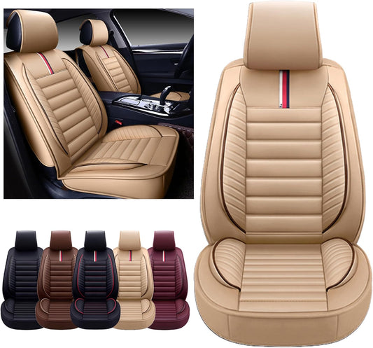 Car Seat Covers Premium Waterproof Faux Leather Cushion Universal Accessories Fit SUV Truck Sedan Automotive Vehicle Auto Interior Protector Front Pair (OS-001 Tan)