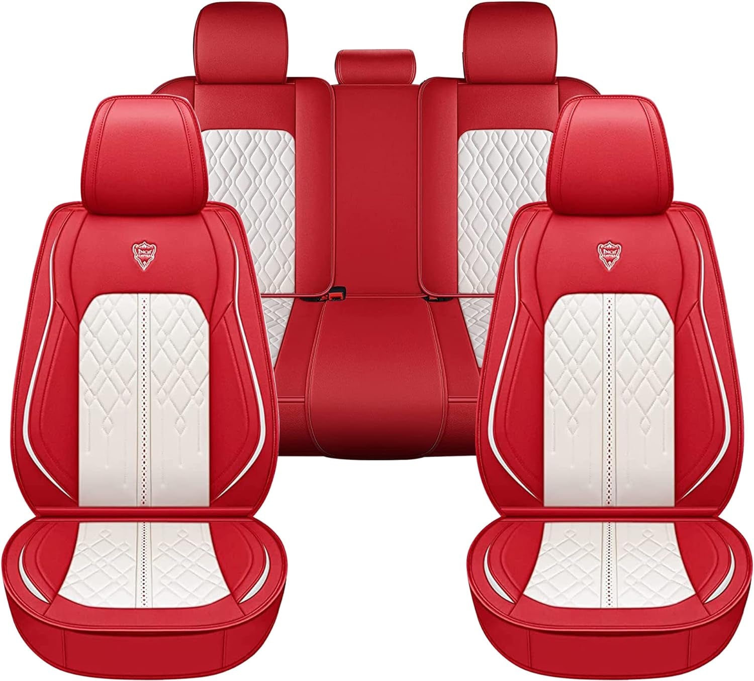 Seat Cover 5 Seats Full Set Universal Fit for Most Vehicle Sedan SUV Truck Pickup Airbag Compatible Synthetic Leather Car Seat Cushion Protector All Weather Adjustable (Red&White Diamond)