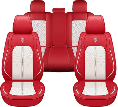 Seat Cover 5 Seats Full Set Universal Fit for Most Vehicle Sedan SUV Truck Pickup Airbag Compatible Synthetic Leather Car Seat Cushion Protector All Weather Adjustable (Red&White Diamond)