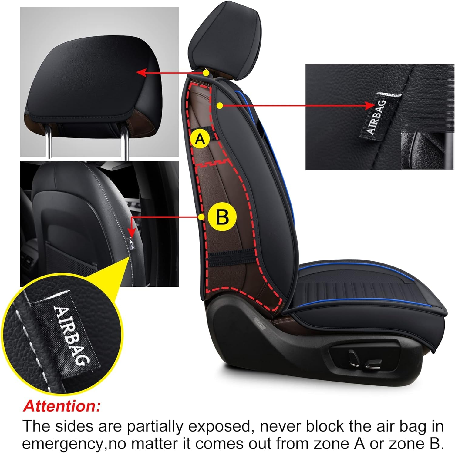 Leather Car Seat Covers,Breathable and Waterproof Faux Leather Automotive Seat Covers for Cars SUV Pick-Up Truck Sedan,Universal Driver Seat Cover with Backrest (2 PCS Front Seat, Blue+Black)