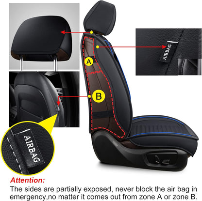 Leather Car Seat Covers,Breathable and Waterproof Faux Leather Automotive Seat Covers for Cars SUV Pick-Up Truck Sedan,Universal Driver Seat Cover with Backrest (2 PCS Front Seat, Blue+Black)