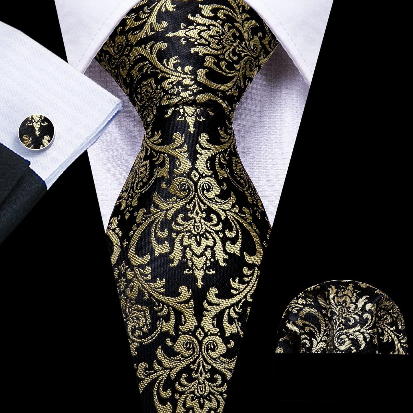 Paisley Tie Fashion Set Hanky Cufflinks Neckties for Men Woven Silk