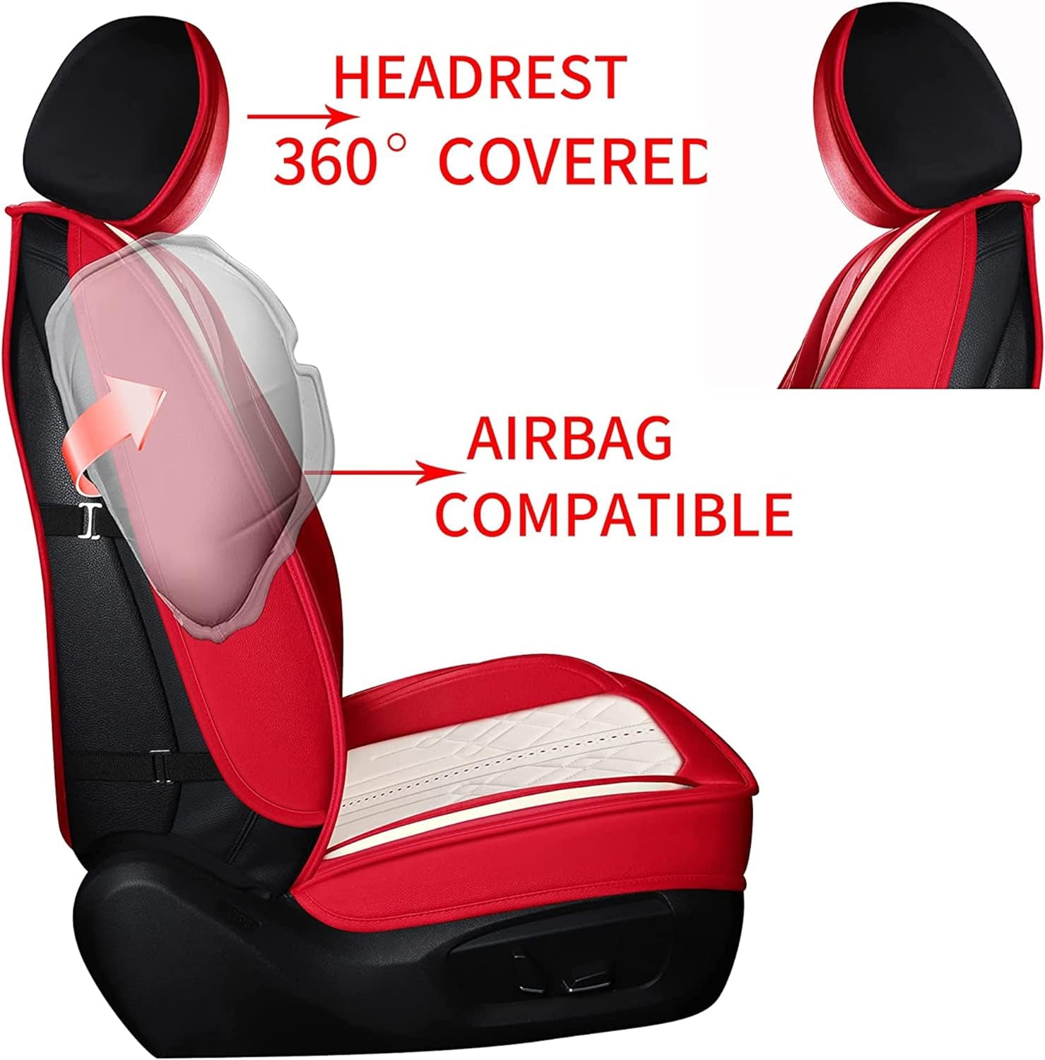 Seat Cover 5 Seats Full Set Universal Fit for Most Vehicle Sedan SUV Truck Pickup Airbag Compatible Synthetic Leather Car Seat Cushion Protector All Weather Adjustable (Red&White Diamond)