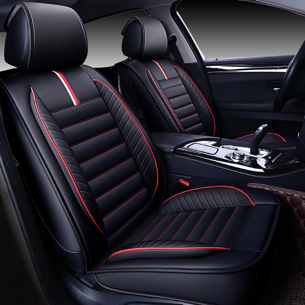 Car Seat Covers Premium Waterproof Faux Leather Cushion Universal Accessories Fit SUV Truck Sedan Automotive Vehicle Auto Interior Protector Front Pair (OS-001 Black&Red)