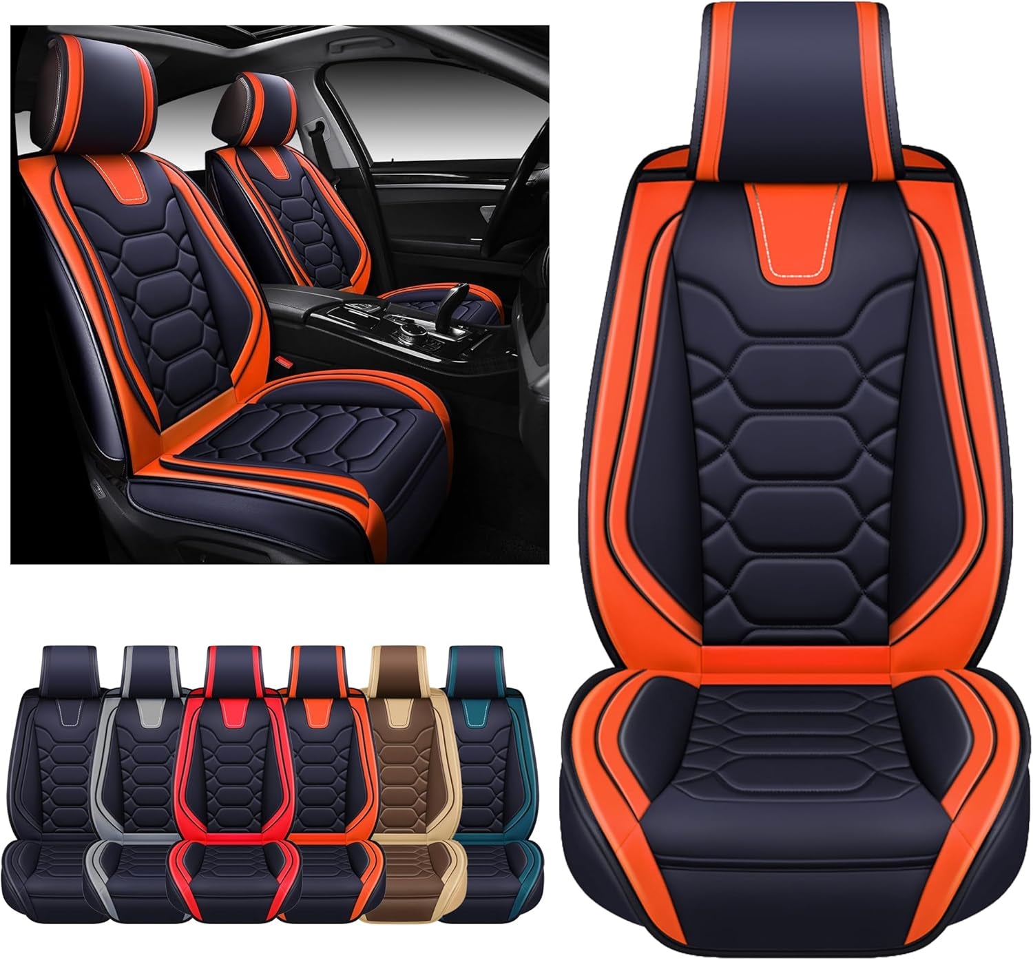 Car Seat Covers Premium Waterproof Faux Leather Cushion Universal Accessories Fit SUV Truck Sedan Automotive Vehicle Auto Interior Protector Front Pair (OS-004 Orange)