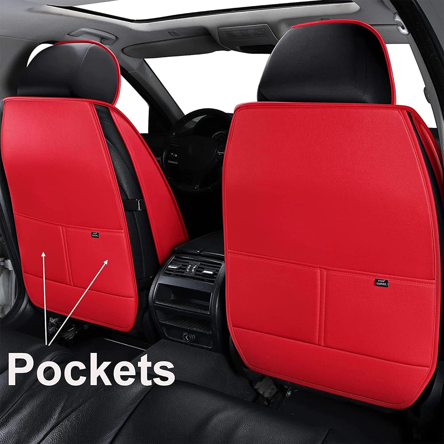 Seat Cover 5 Seats Full Set Universal Fit for Most Vehicle Sedan SUV Truck Pickup Airbag Compatible Synthetic Leather Car Seat Cushion Protector All Weather Adjustable (Red&White Diamond)