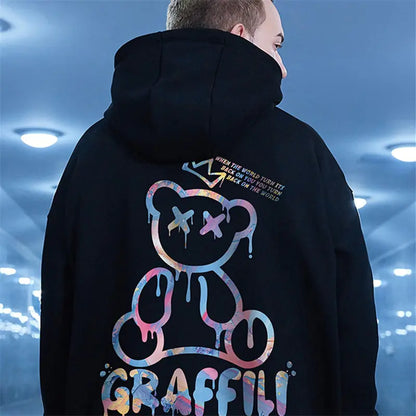 High Street Graffiti Bear Print Men's Fleece Hoodie