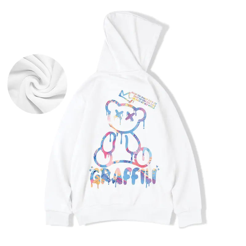 High Street Graffiti Bear Print Men's Fleece Hoodie